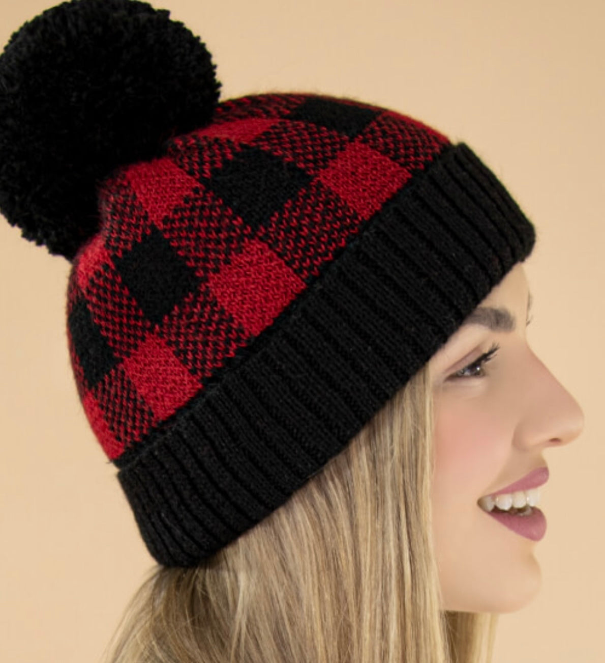 Hat- Buffalo Plaid PomPom Beanie